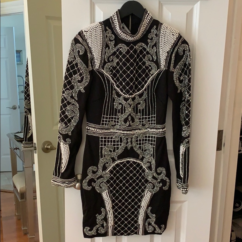 Bebe Beaded&Pearls Long Sleeve Mini Dress